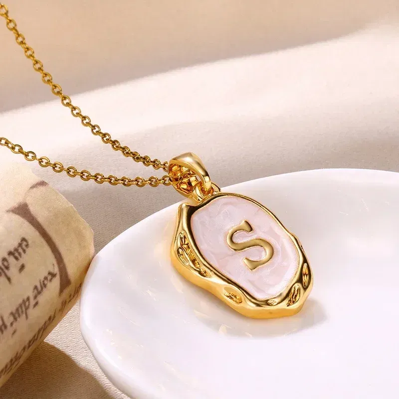 Metal Color: Blue Zinc Plated, Length: 40cm - Y2K Stainless Steels Drip Oil 26 Letter Necklaces for Women Men Alphabet A-Z Initials Pendant Necklace Aesthetic Jewelry Gift