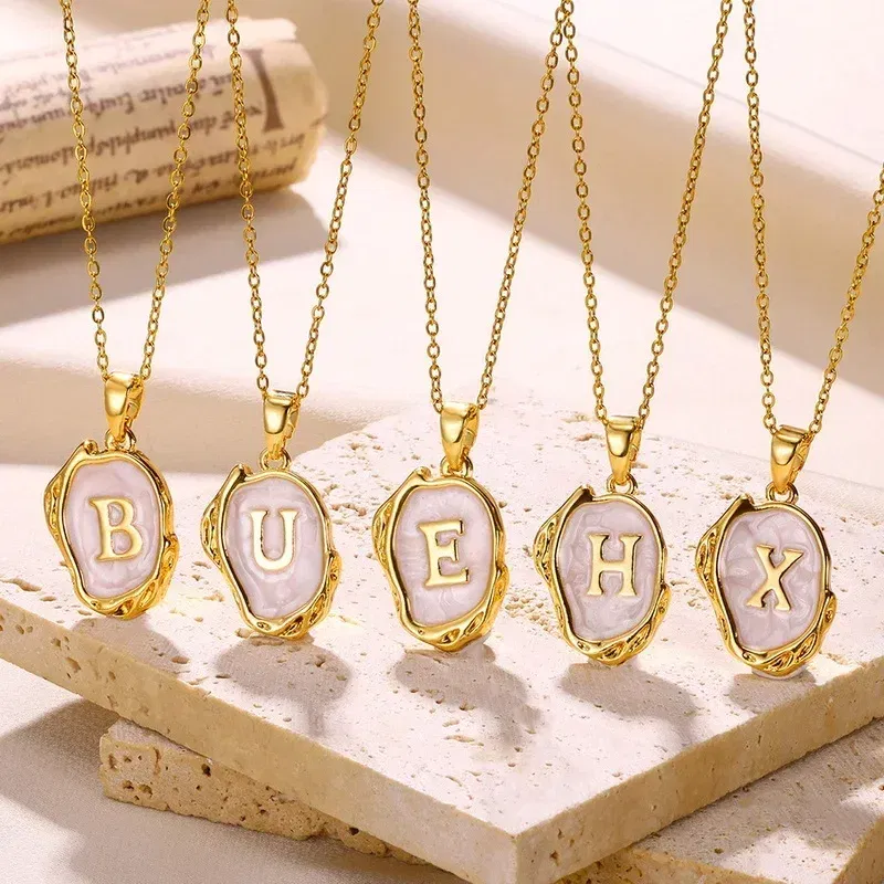 Metal Color: Blue Zinc Plated, Length: 40cm - Y2K Stainless Steels Drip Oil 26 Letter Necklaces for Women Men Alphabet A-Z Initials Pendant Necklace Aesthetic Jewelry Gift