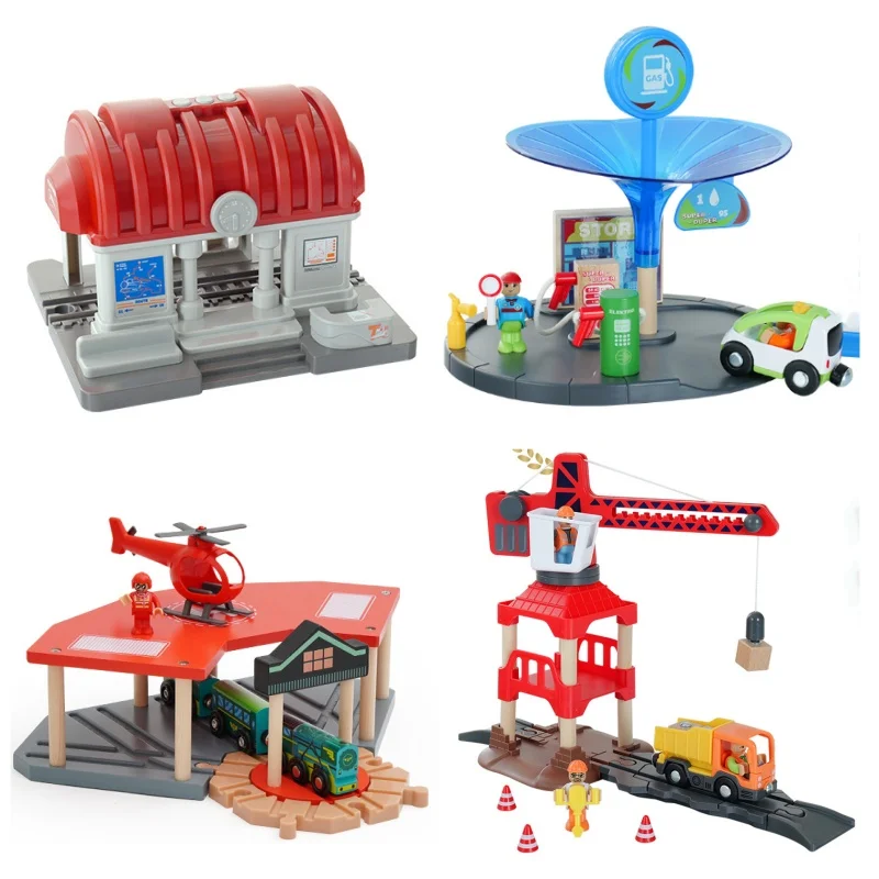 Color: Pink - Wooden Train Track Railway Bridge Tunnel Accessories Fit  Police Station Scene for Brio Wood Train Pieces Educational Toys