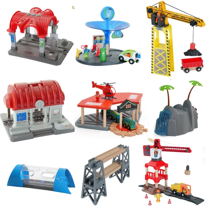 Color: Pink - Wooden Train Track Railway Bridge Tunnel Accessories Fit  Police Station Scene for Brio Wood Train Pieces Educational Toys