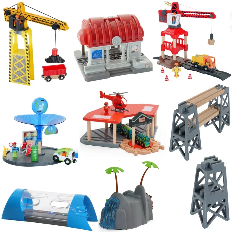 Color: Pink - Wooden Train Track Railway Bridge Tunnel Accessories Fit  Police Station Scene for Brio Wood Train Pieces Educational Toys