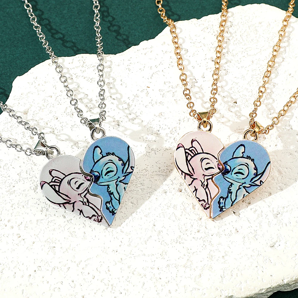 Metal Color: Rhodium Plated - Disney-Stitch Heart Necklace for Couple, Gold and Silver Color, Angel and Stitch, Cute Style , Jewelry Pendant, Gift for Girl, 1