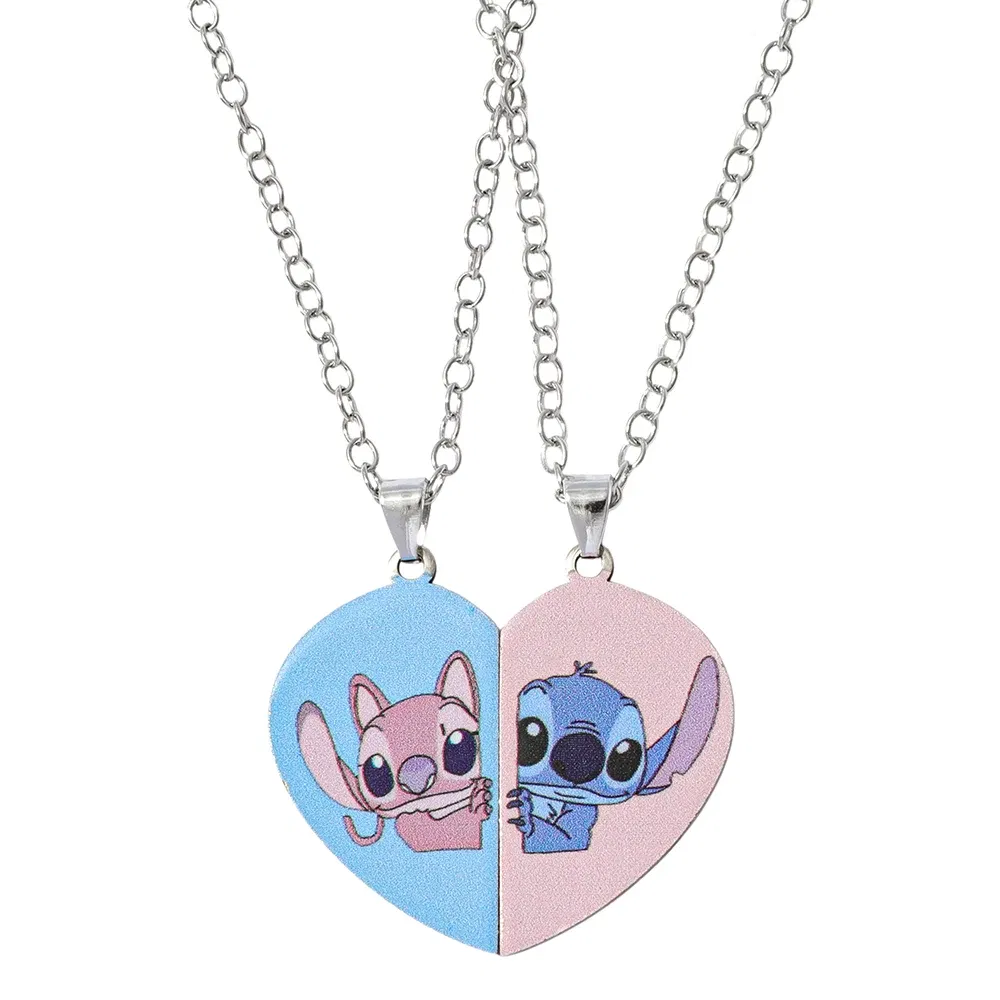 Metal Color: Rhodium Plated - Disney-Stitch Heart Necklace for Couple, Gold and Silver Color, Angel and Stitch, Cute Style , Jewelry Pendant, Gift for Girl, 1