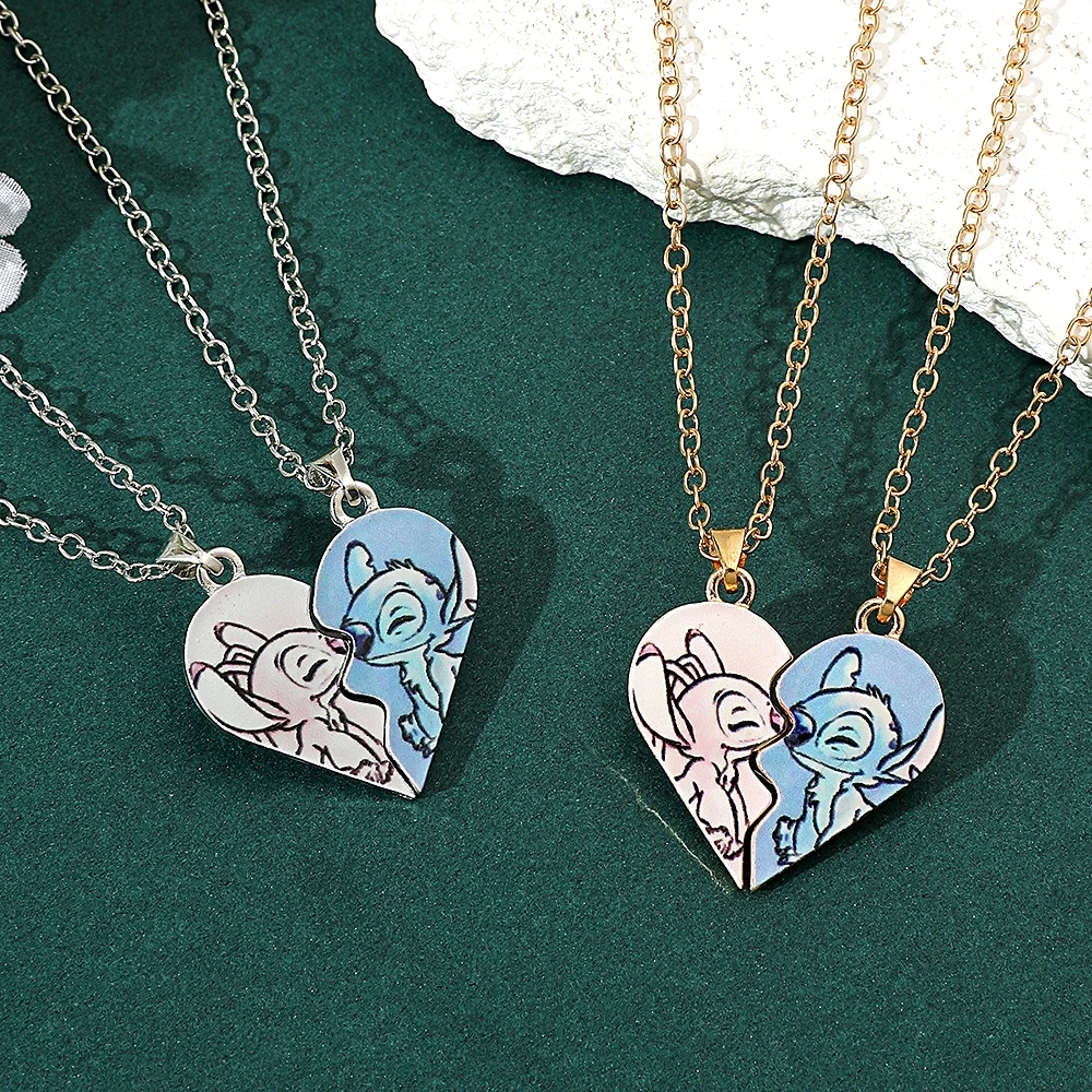 Metal Color: Rhodium Plated - Disney-Stitch Heart Necklace for Couple, Gold and Silver Color, Angel and Stitch, Cute Style , Jewelry Pendant, Gift for Girl, 1