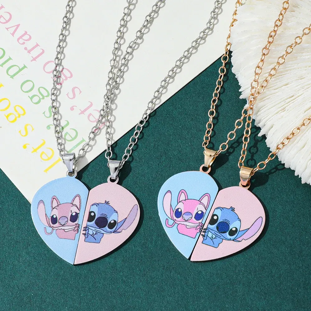Metal Color: Rhodium Plated - Disney-Stitch Heart Necklace for Couple, Gold and Silver Color, Angel and Stitch, Cute Style , Jewelry Pendant, Gift for Girl, 1