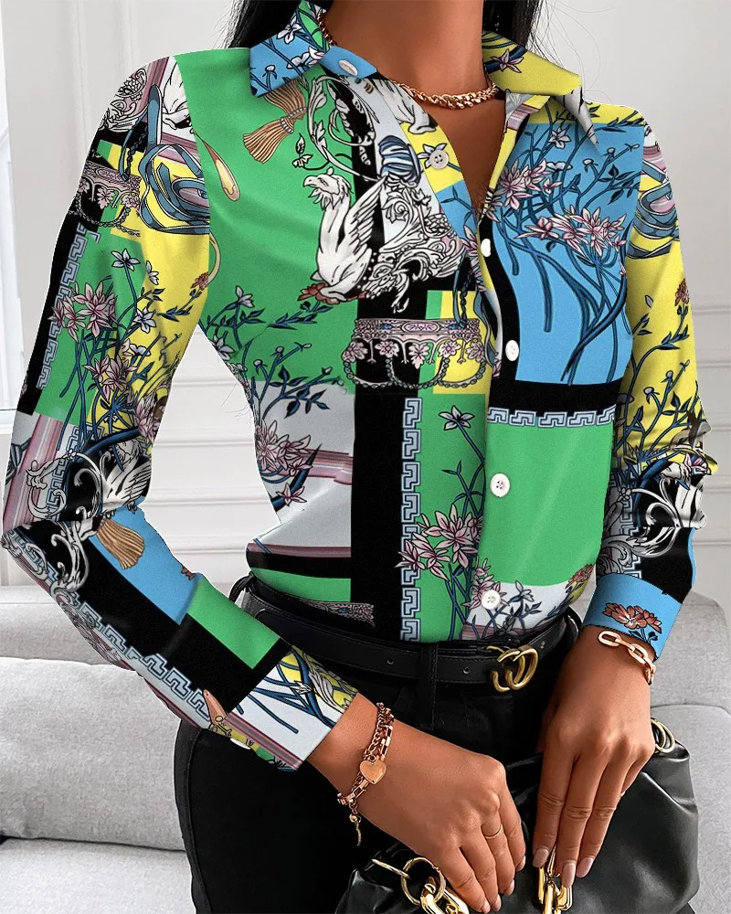 Color: Yellow, Size: L - Women Fashion Wild Shirts Chain/Floral/Letter/Geometric Square Print Turn-Down Collar Long Sleeve Blouses