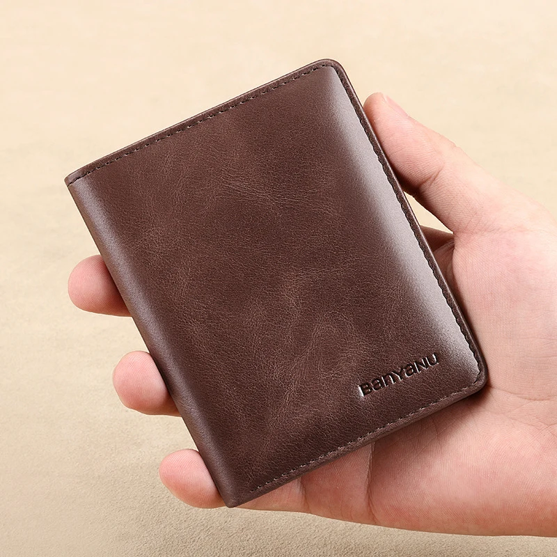 Color: Chocolate - Simple Design Men Card Holder Purse Vertical Slim Money Clip Genuine Leather Wallet for Men Anti RFID