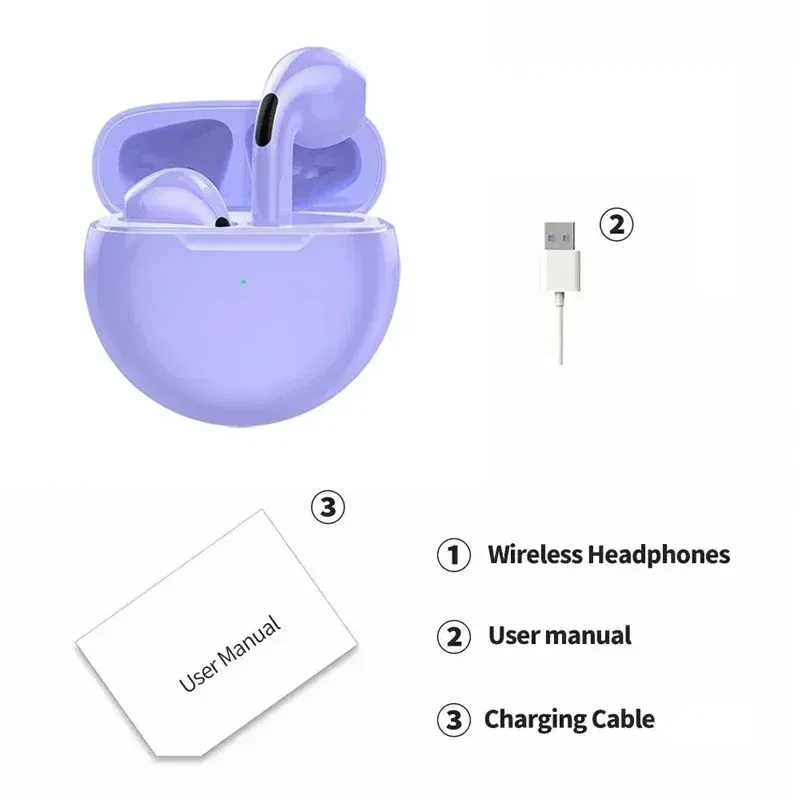 Color: PURPLE - Air Pro 6 TWS Wireless Headphones with Mic Fone Bluetooth Earphones Sport Earbuds Pro6 J6 Headset for Apple iPhone Xiaomi Huawei