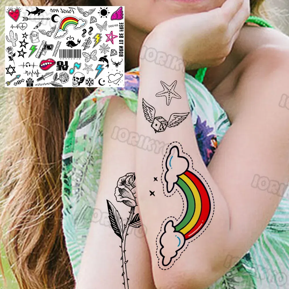 Color: Light Grey - Sexy Red Lips Flower Temporary Tattoo For Kids Boys Girls Adult Small Rose Butterfly Tattoos Sticker Fake Tatoos Arm Neck Face