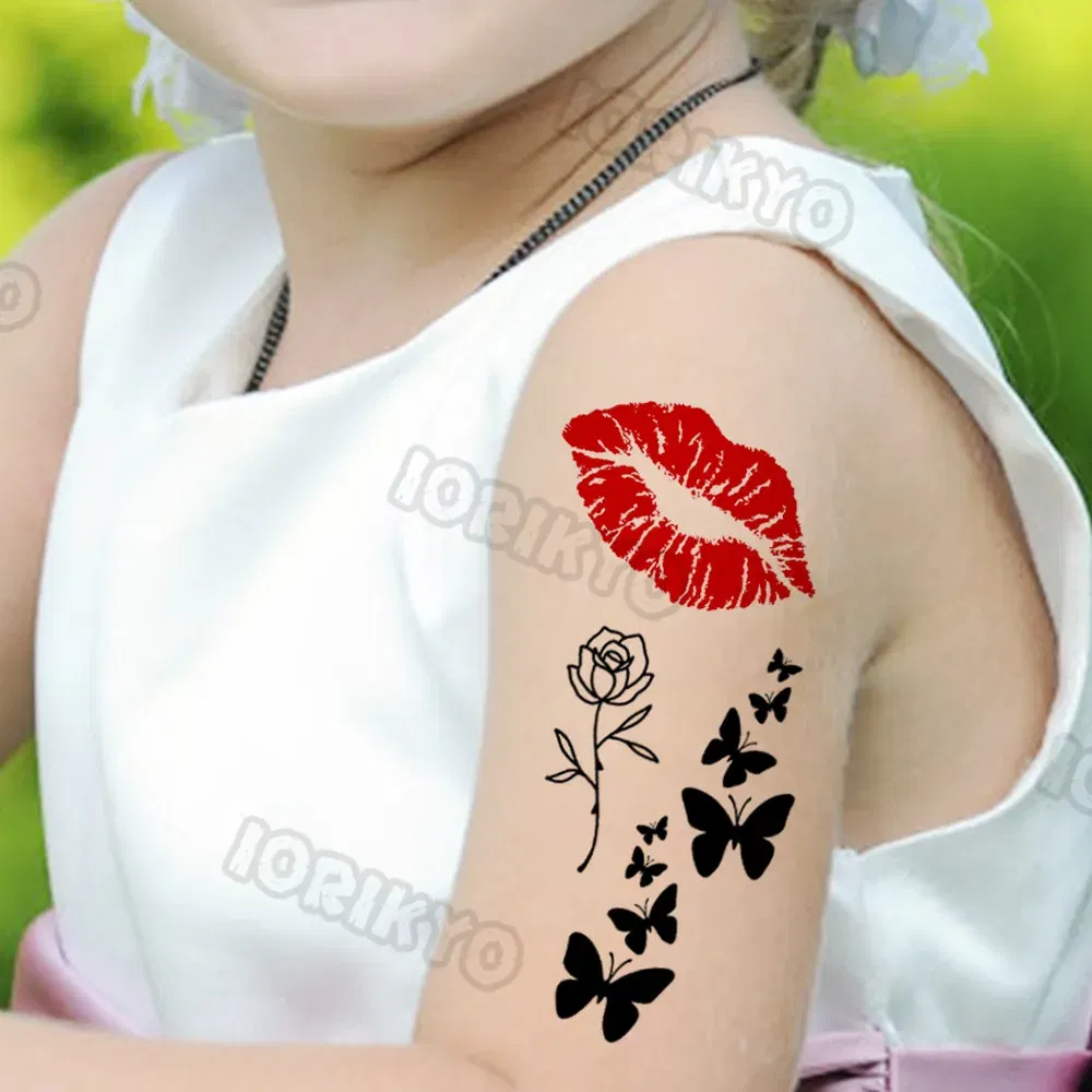 Color: Light Grey - Sexy Red Lips Flower Temporary Tattoo For Kids Boys Girls Adult Small Rose Butterfly Tattoos Sticker Fake Tatoos Arm Neck Face
