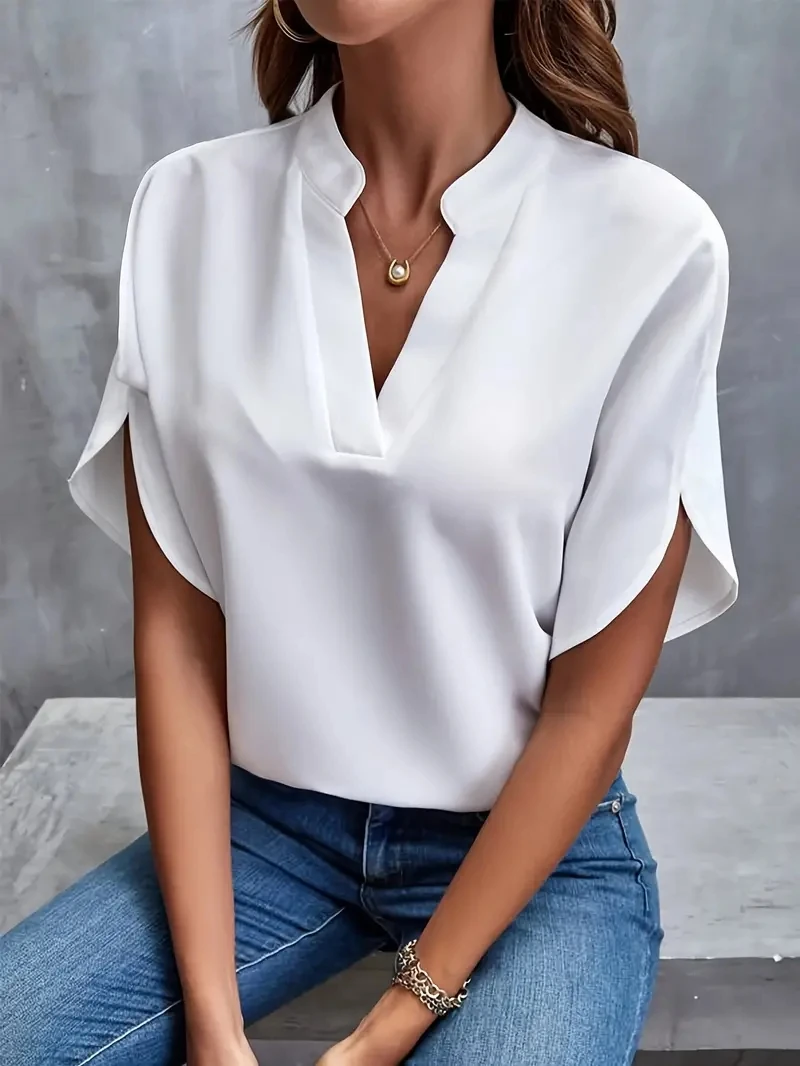 Color: WHITE, Size: XXL - Women Elegant Solid Chiffon Blouse Spring Summer Casual Long Sleeve V Neck Loose Shirt Office Lady Tunics Oversized Tops 2024