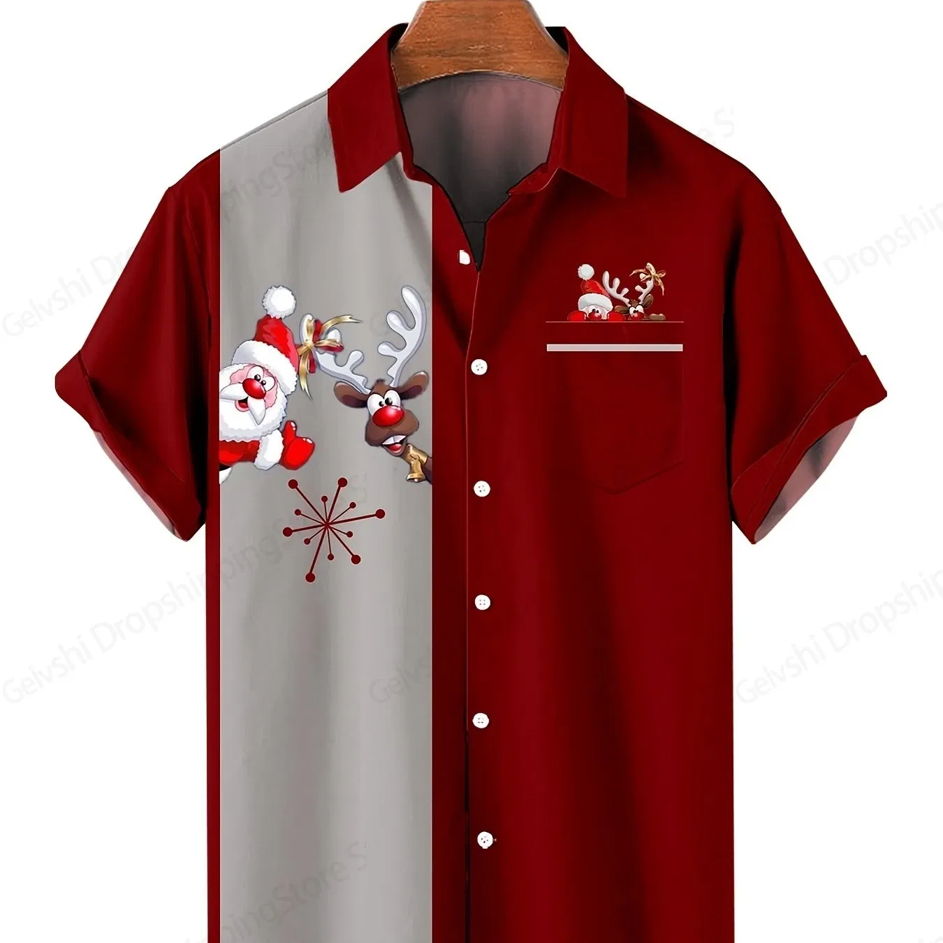 Color: Blue, Size: XXXL - Men's Retro Christmas Hawaiian Shirt Men Women Fashion Cartoon Santa Claus Shirts Short Sleeve Blouse Festive Holiday Top Elk