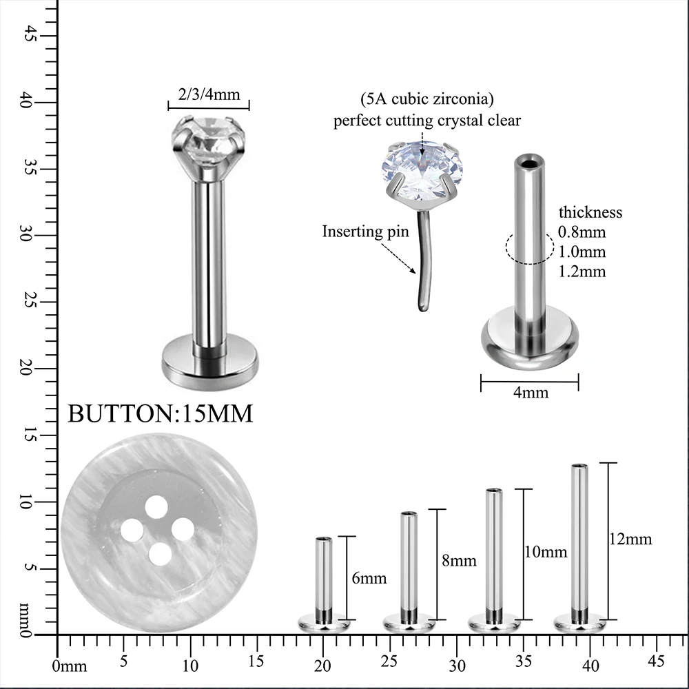 Metal color: Rhodium Plated, Ships From: CHINA, Main Stone Color: Beige - 10PCS G23 Titanium Lip Ring Labret Piercing Stud Earring CZ 16/18/20G Push Pin Ear Tragus Cartilage Helix Conch Pierc? Jewelry