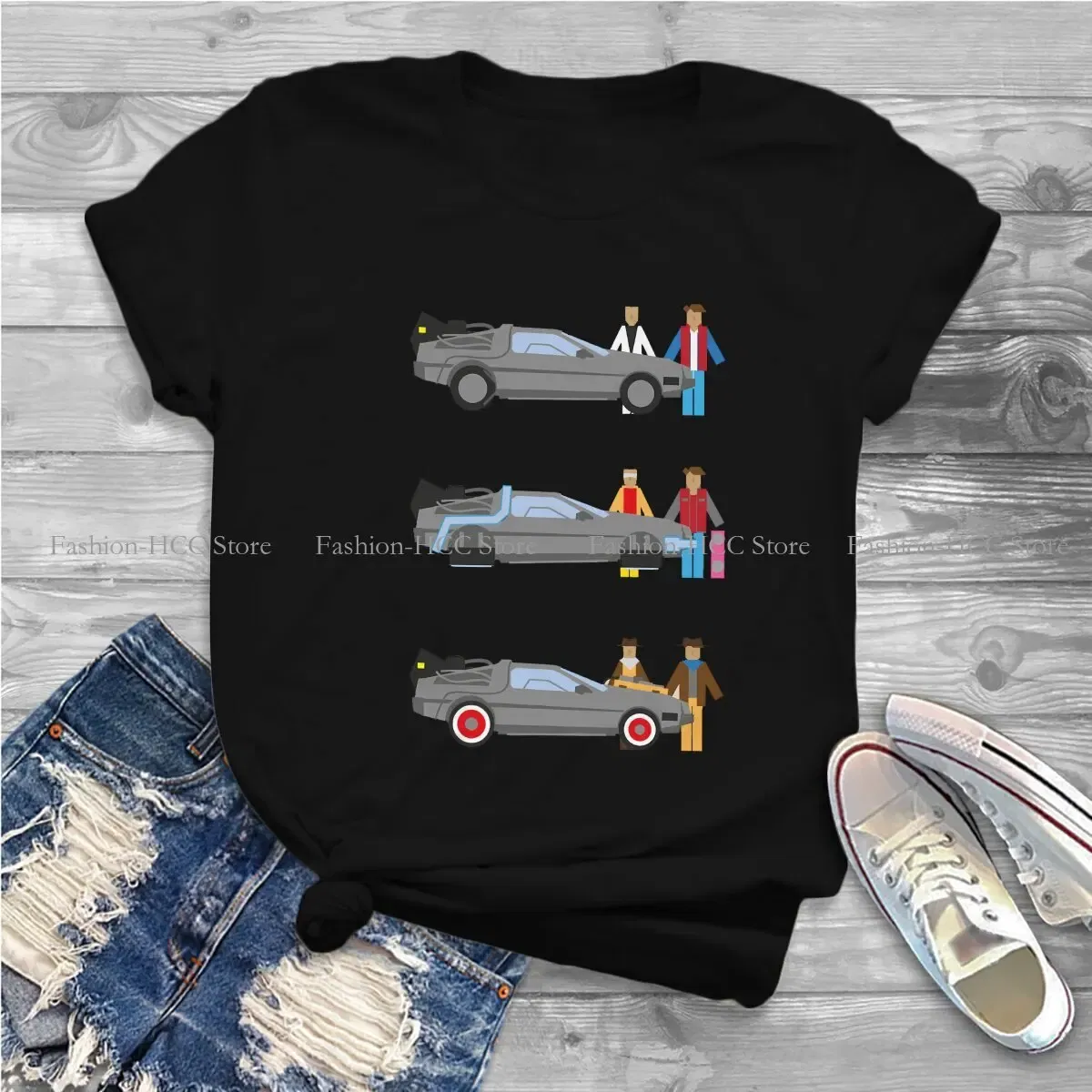 Color: black, Size: XXL - Delorian Hip Hop Polyester TShirt Back To The Future Style Tops Leisure T Shirt Female Tee