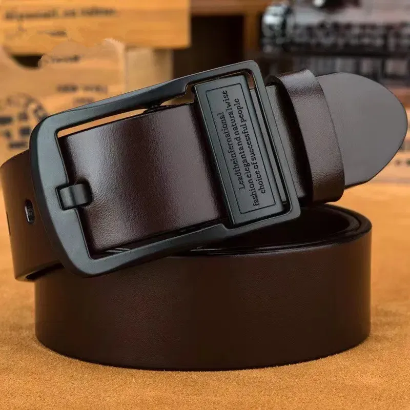 Color: black, Belt Length: 105CM - New Leather Cowhide Men's Belt Fashion Metal Alloy Pin Buckle Adult Luxury Brand Jeans Business Casual Waist Male Strap Brand
