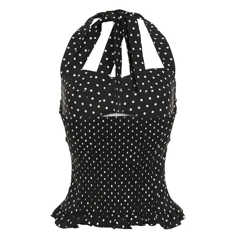 Color: WHITE, Size: M - Causal Cute Polka Dot Print Halter Women Tops Fashion Chic Simple Patchwork Summer New Slim Blouses