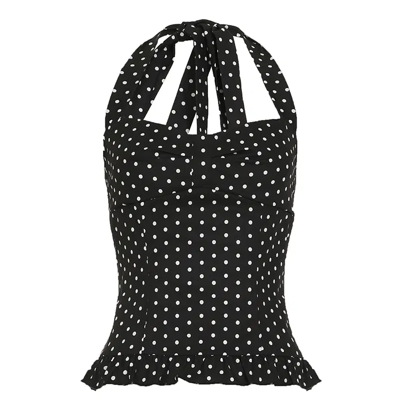 Color: WHITE, Size: M - Causal Cute Polka Dot Print Halter Women Tops Fashion Chic Simple Patchwork Summer New Slim Blouses