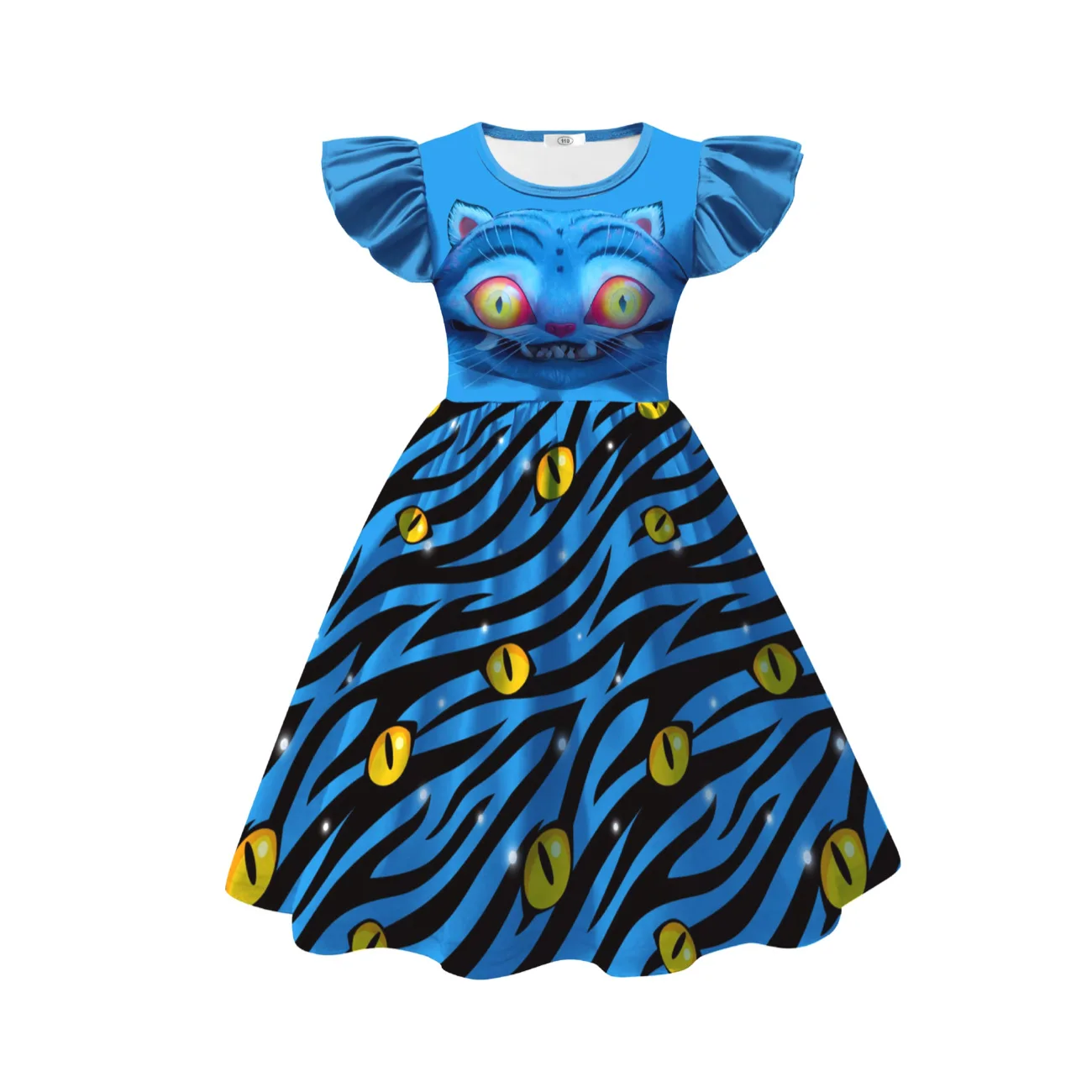 Color: SKY BLUE, Kid Size: 6 - Festival Children Carnival Masquerade Elegant Party Kids Clothes Fashion Girls KPop Demon Hunter Tiger Print Dress for 3-14Years