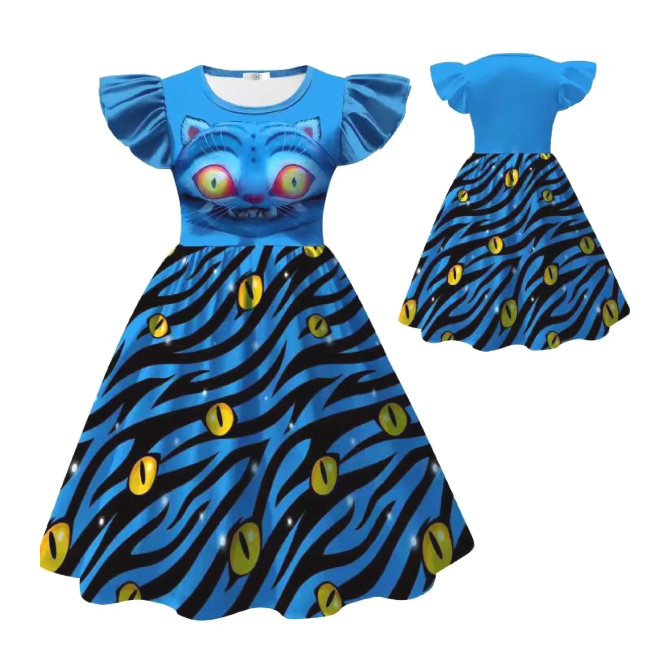 Color: SKY BLUE, Kid Size: 6 - Festival Children Carnival Masquerade Elegant Party Kids Clothes Fashion Girls KPop Demon Hunter Tiger Print Dress for 3-14Years