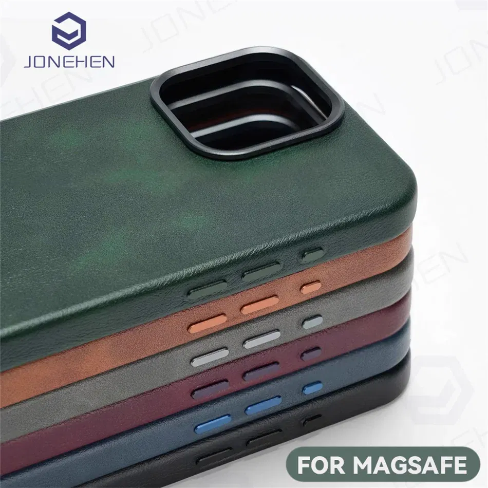 Color: GRAY, Material: Genuine Leather - High-end Retro Oil Wax Pattern Magnetic For Magsafe Leather Case For iPhone Air 15 14 Plus 13 16 17 Pro Max Camera Button Cover
