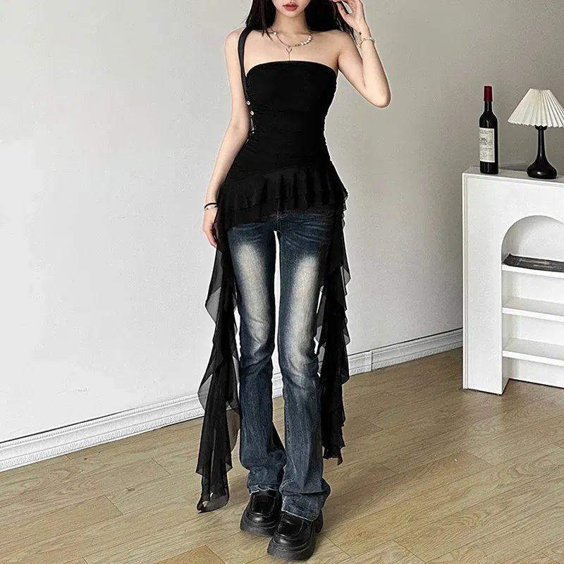 Color: black, Size: S - Nibber 2024 Spring New Solid Color Sweet Gentle Cute All-match High Street Travel Sexy Cool Women Chest Wrap ruched Tassel Vest