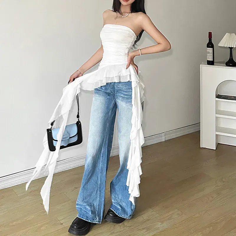 Color: black, Size: S - Nibber 2024 Spring New Solid Color Sweet Gentle Cute All-match High Street Travel Sexy Cool Women Chest Wrap ruched Tassel Vest
