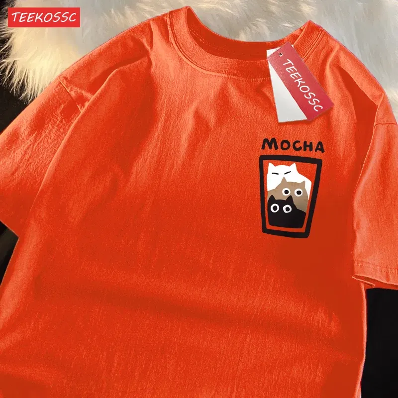 Color: Yellow, Size: L - Mocha Latte Couple Outfit Cat Coffee Couple Male T-Shirts Graphic Cool Tee Shirt High-Quality Oversized Tshirt Comfort Soft