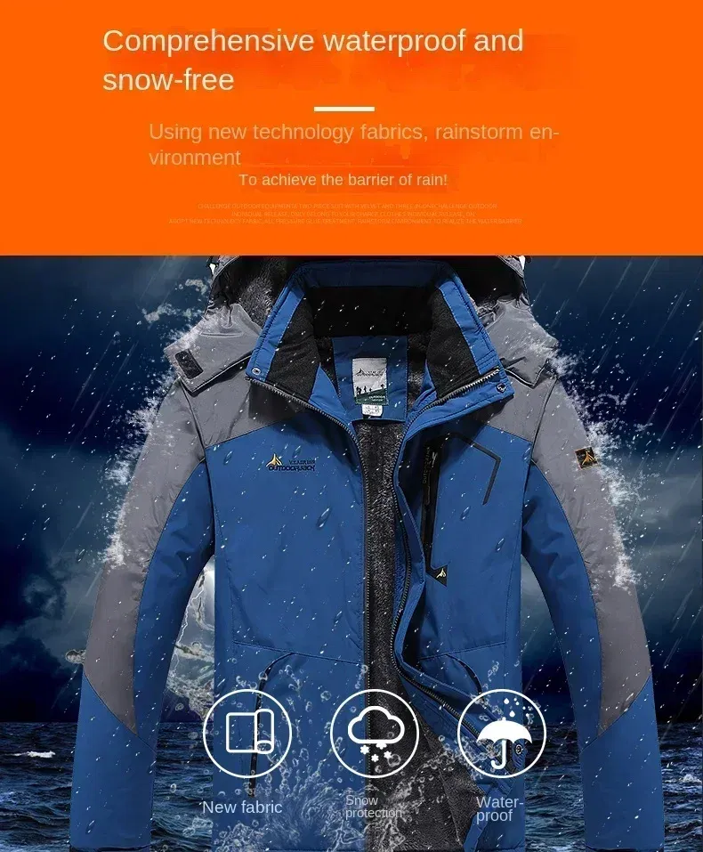 Color: SKY BLUE, Size: M - Autumn Winter Men's Windbreaker Waterproof and Warm Outdoor Hiking and Fishing Multi Pocket Wear-resistant Thick Jacket Men Coat