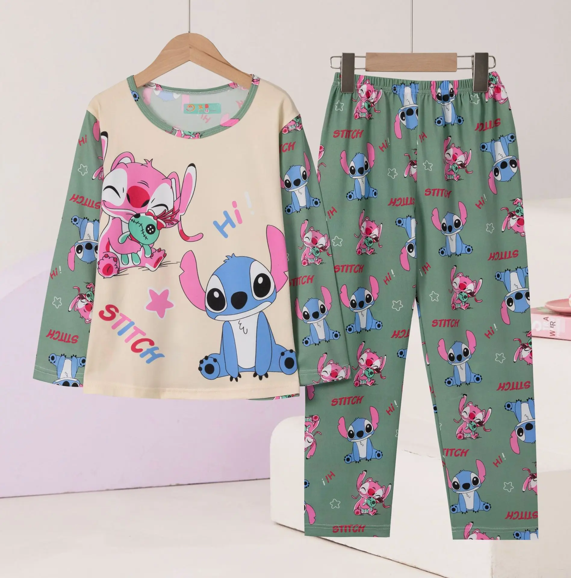 Color: black, Kid Size: 11 - 2pcs/set New Disney Stitch Children Pyjamas for Boys and Girls Sets Kid Minnie Home Wear Travel Casual Sleepwear Suit Cute Gift
