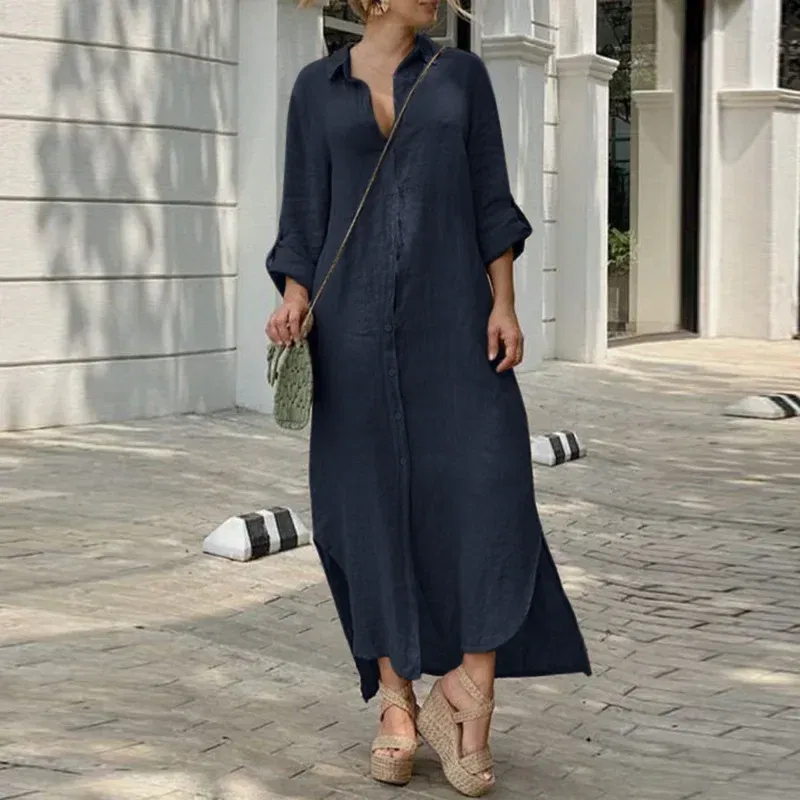Color: Beige, Size: S - Long Shirt Dress Women Autumn Cotton Linen Leisure Turn Down Collar Maxi Dresses Female Elegant Loose Beach Spring Vestidos