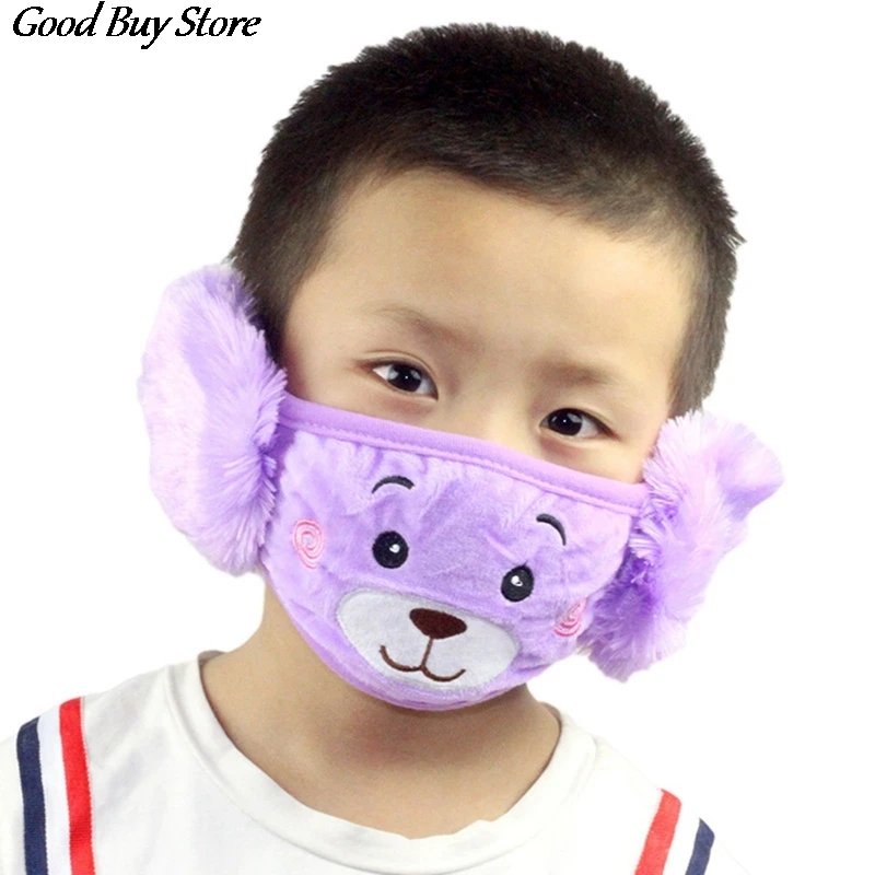Color: army green - Cartoon Bear Earmuffs Children Autumn Winter Fur Earmuff Mouth Cover Kids Comfortable Ear Muff Ear Warmer Skiing Warm Earlap