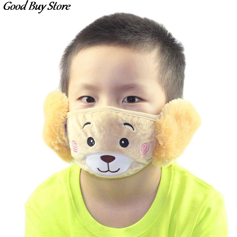 Color: army green - Cartoon Bear Earmuffs Children Autumn Winter Fur Earmuff Mouth Cover Kids Comfortable Ear Muff Ear Warmer Skiing Warm Earlap