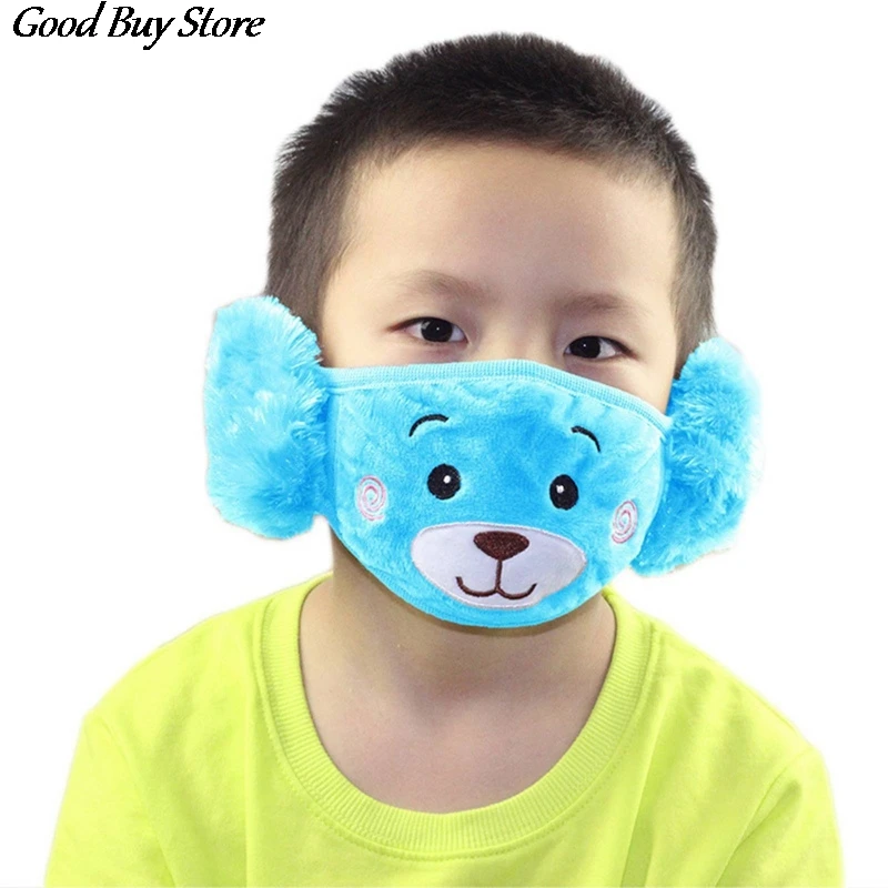 Color: army green - Cartoon Bear Earmuffs Children Autumn Winter Fur Earmuff Mouth Cover Kids Comfortable Ear Muff Ear Warmer Skiing Warm Earlap