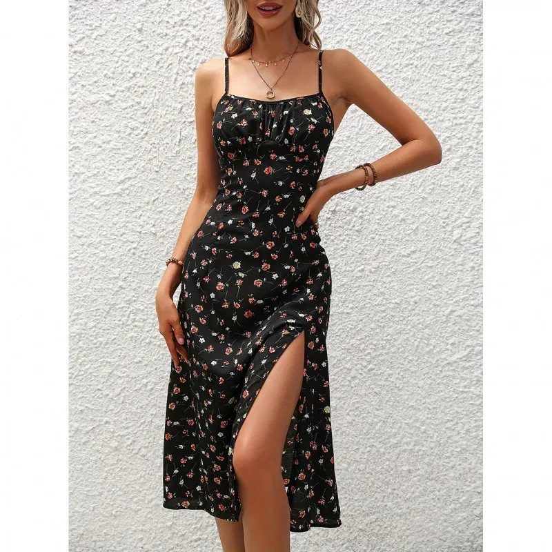 Color: Gold, Size: XXL - 2025 Summer Sexy Spaghetti Straps Dress Women Fashion Polka Dot Print Sleeveless Slit Dress Boho Casual Beach Midi Dresses