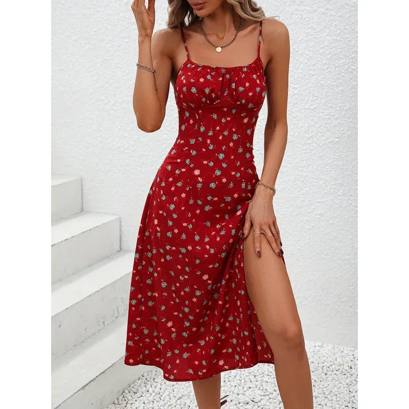 Color: Gold, Size: XXL - 2025 Summer Sexy Spaghetti Straps Dress Women Fashion Polka Dot Print Sleeveless Slit Dress Boho Casual Beach Midi Dresses