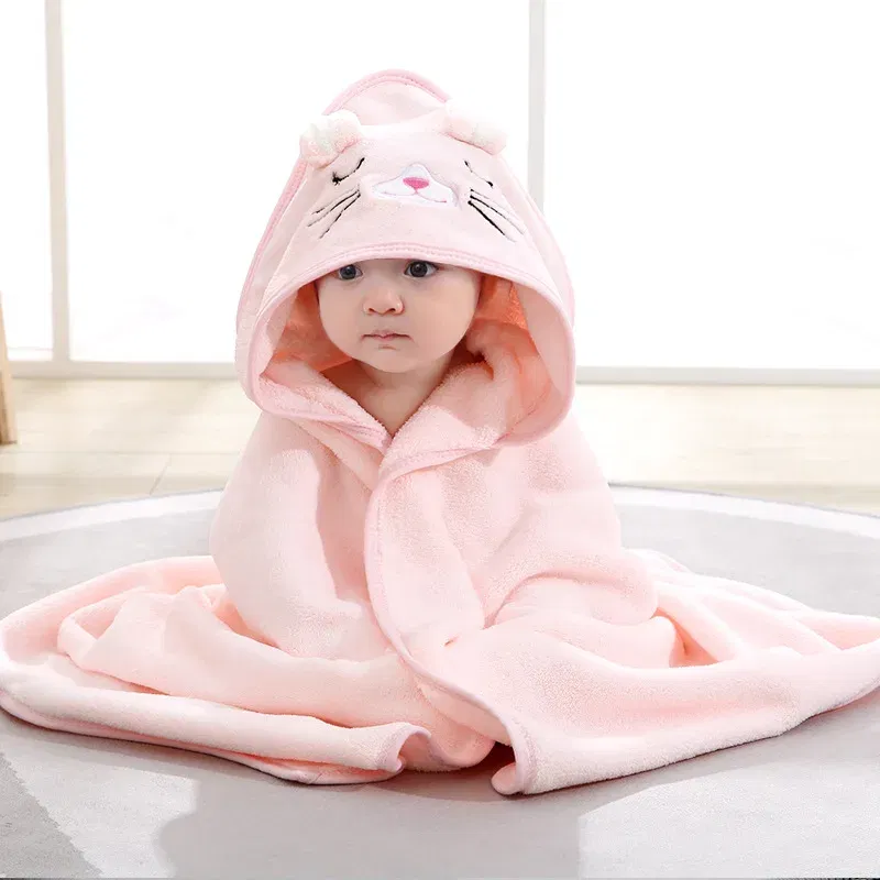 Color: WHITE - Newborn Baby Bath Towel Cartoon Baby Swaddle Kids Bathrobe Fleece Blanket Warm Sleeping Swaddle Wrap for New Born Boys Girls