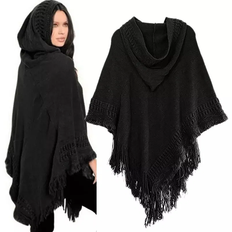 Color: Blue, Size: One Size - New Women Ladies Tassel Cape Coat Fringe Poncho Oblique Stripe Coat Bohemian Shawl Scarf