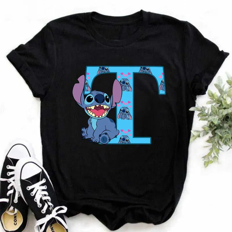 Color: Burgundy, Size: XXL - Disney Lilo&Stitch A-Z Alphabet Summer Women's Printed T-Shirt Women's Casual Tops T-Shirt Fashion Cartoon Plus Size T-Shirt