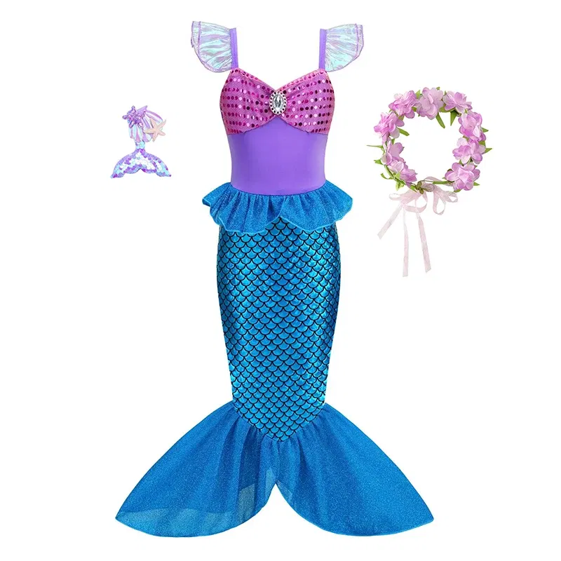 Color: army green, Kid Size: 5 - Disney Little Mermaid Ariel Costumes for Girls Princess Dress Cosplay Halloween Carnival Kids Birthday Party Dress Up Clothing