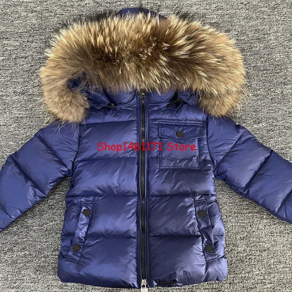 Color: Orange, Kid Size: 14 - Kids Winter Down Jacket Shiny Real Raccoon Fur Collar Toddler Boys Hooded Coat Baby Girls Warm Snowsuit Children's Parkas