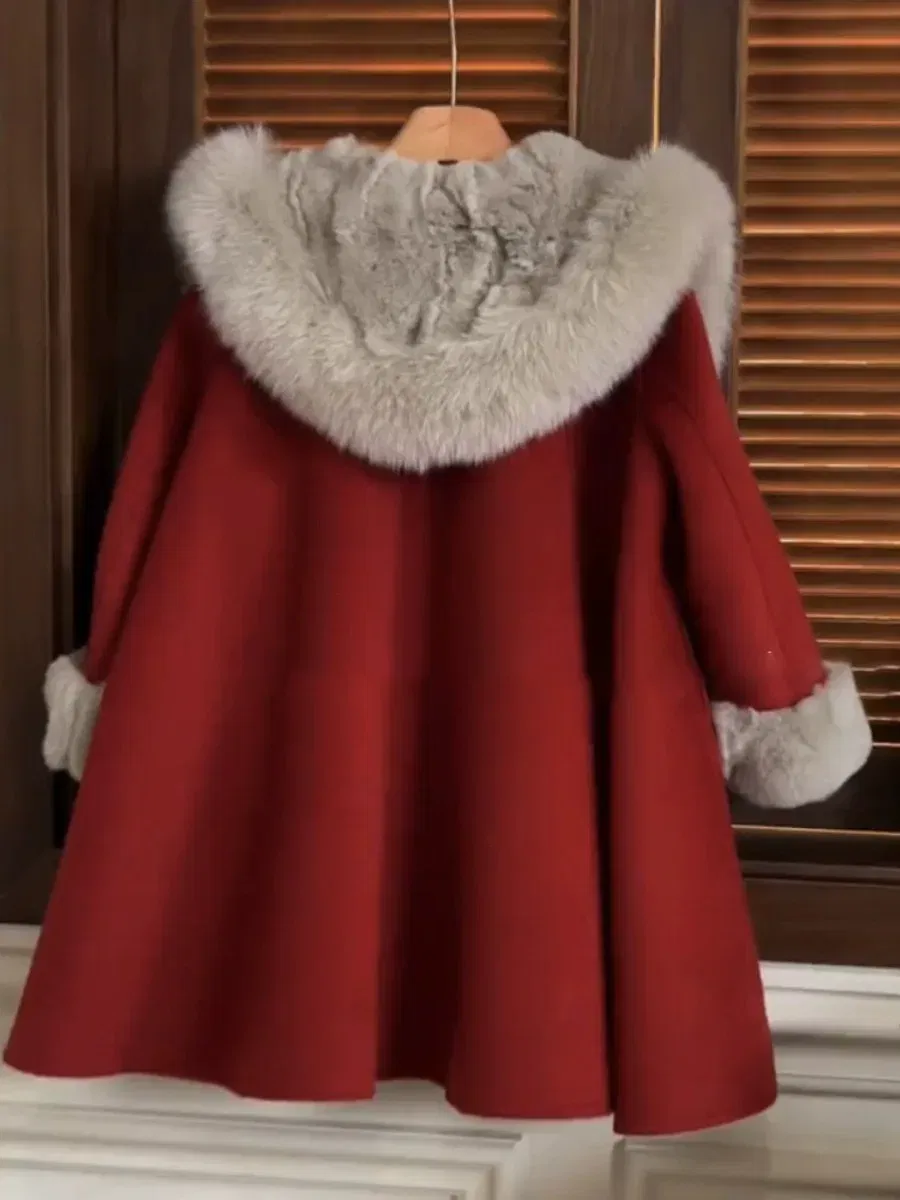 Color: Red, Kid Size: 3T - autumn winter red Big fur collar baby girls wool long coats child Christmas Thick velvet outwear kids New Warm jacket overcoat