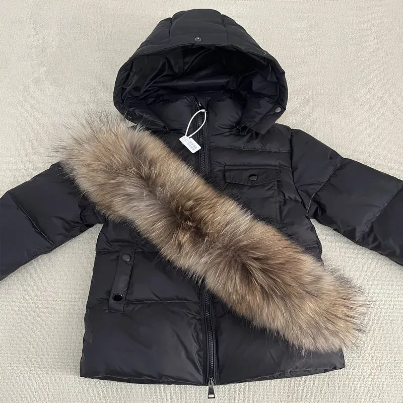 Color: Orange, Kid Size: 2T - Kids Winter Down Jacket Shiny Real Raccoon Fur Collar Toddler Boys Hooded Coat Baby Girls Warm Snowsuit Children's Parkas