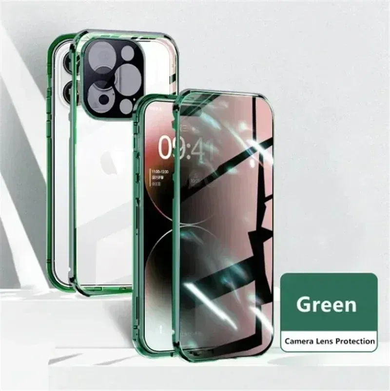 Color: green, Material: Silicon - Double-Sided Privacy Magnetic Case For iPhone 16 12 13 14 15 11 Pro Max 14 Plus 16 Plus Anti Peeping Full Cover Metal Frame Case
