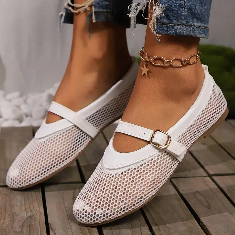 Color: WHITE, Shoe Size: 43 - Round head one buckle strap ballet shoes women's soft bottom flat hollow Mary Jane single fishing net shoes