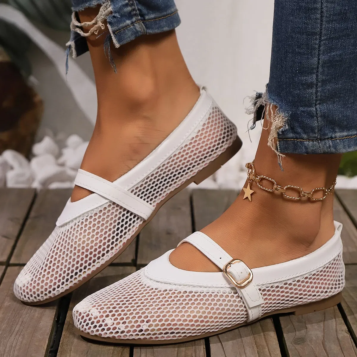 Color: WHITE, Shoe Size: 43 - Round head one buckle strap ballet shoes women's soft bottom flat hollow Mary Jane single fishing net shoes