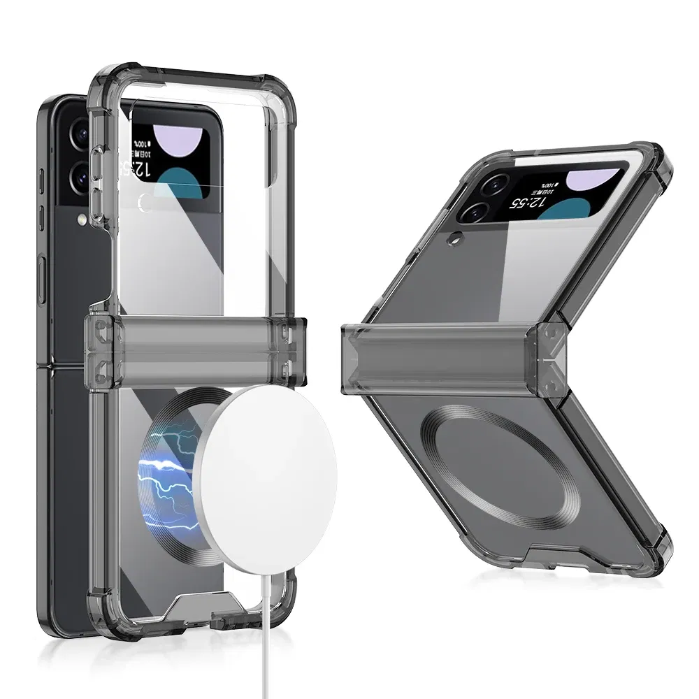 Color: Beige, Material: Aluminum - For Samsung Galaxy Z Flip 5 4 3 Magsafe Magnetic Wireless Charging Case Colorful Transparent Folding Hinge Shockproof Hard Cover