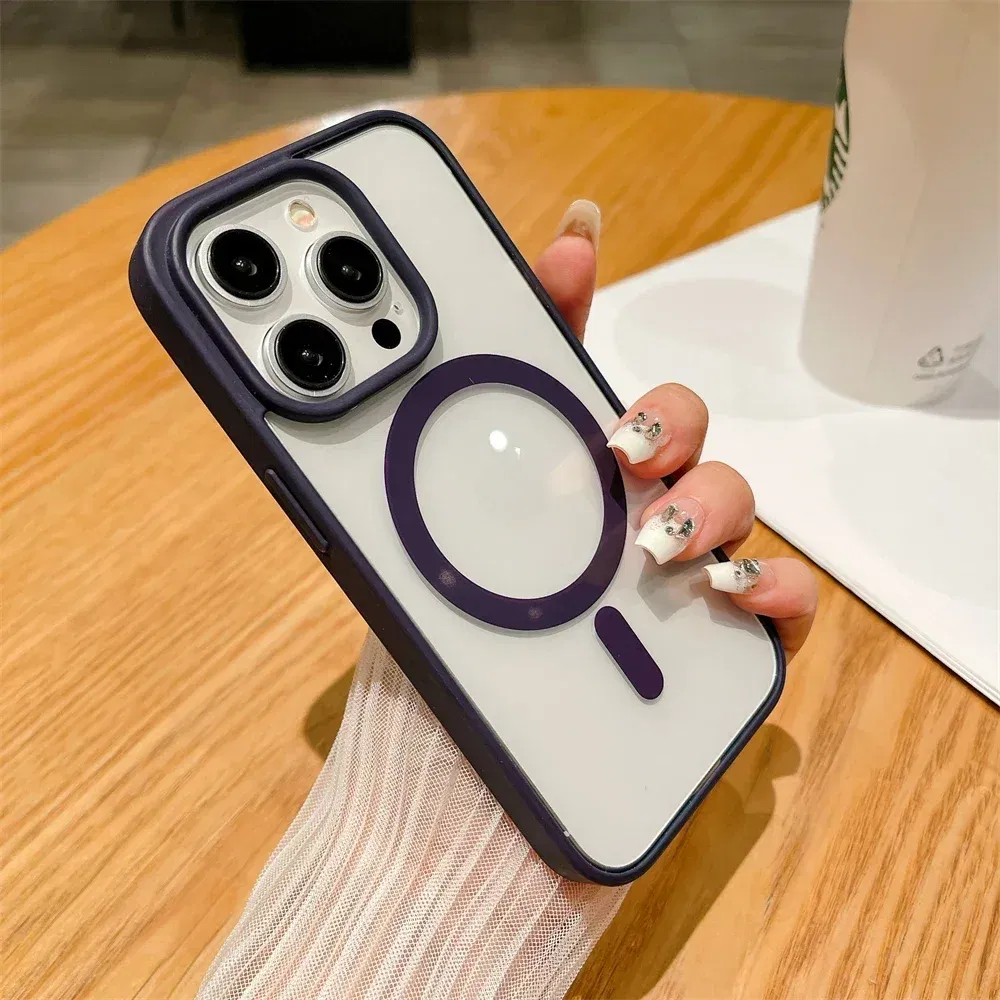 Color: PURPLE, Material: PE - Luxury Shockproof Magsafe Wireless Charge Case for iPhone 17 Air 16 15 14 Plus 13 12 Mini 11 Pro Max Clear Magnetic Bumper Cover