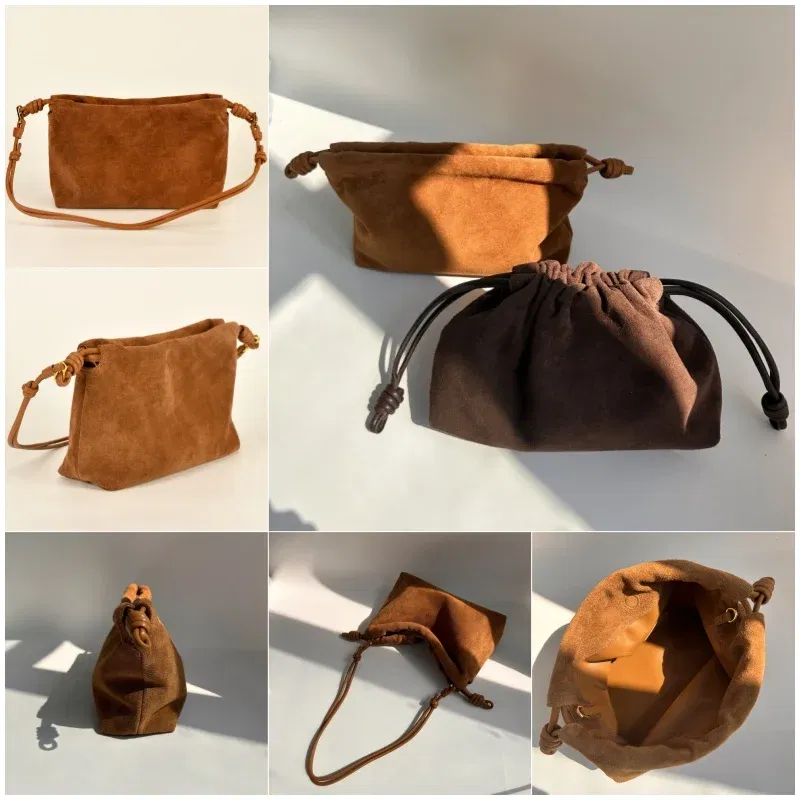 Retro Suede Cowhide Square Bag For Women New Fashion Matte Drawstring Cloud Bag Fashion Single Shoulder Crossbody Bag