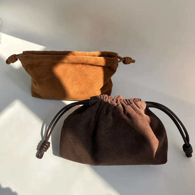 Retro Suede Cowhide Square Bag For Women New Fashion Matte Drawstring Cloud Bag Fashion Single Shoulder Crossbody Bag
