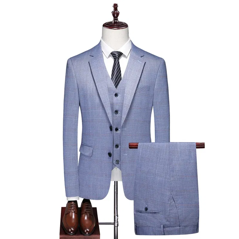 Color: Khaki, Size: XXL - High-End Three-Piece Men's Wedding Suit with Vest And Trousers Fashion Business Casual Groom's Dress All-In-One